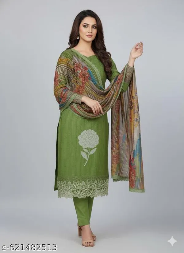 Green_Roman_Fabric_Unstitched_Suit_With_Chiffon_Dupatta_And_Unstitched_Indo_Bottom_For_Women