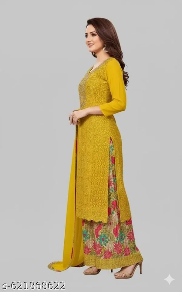 Yellow_Chinon_Fabric_Unstitched_Suit_With_Stitched_Chinon_Fabric_Garara_And_Chinon_Dupatta_For_Women