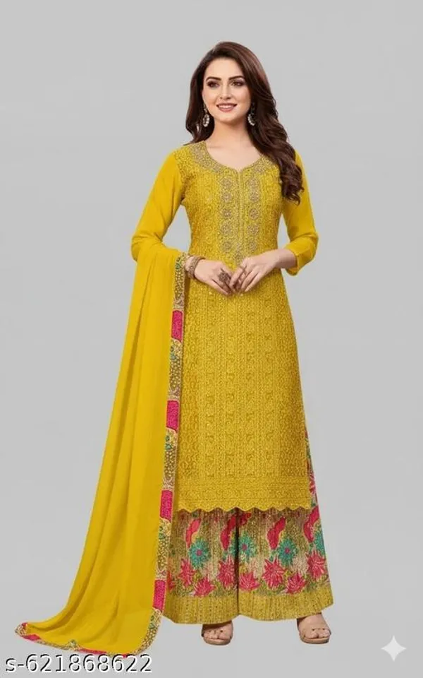Yellow_Chinon_Fabric_Unstitched_Suit_With_Stitched_Chinon_Fabric_Garara_And_Chinon_Dupatta_For_Women