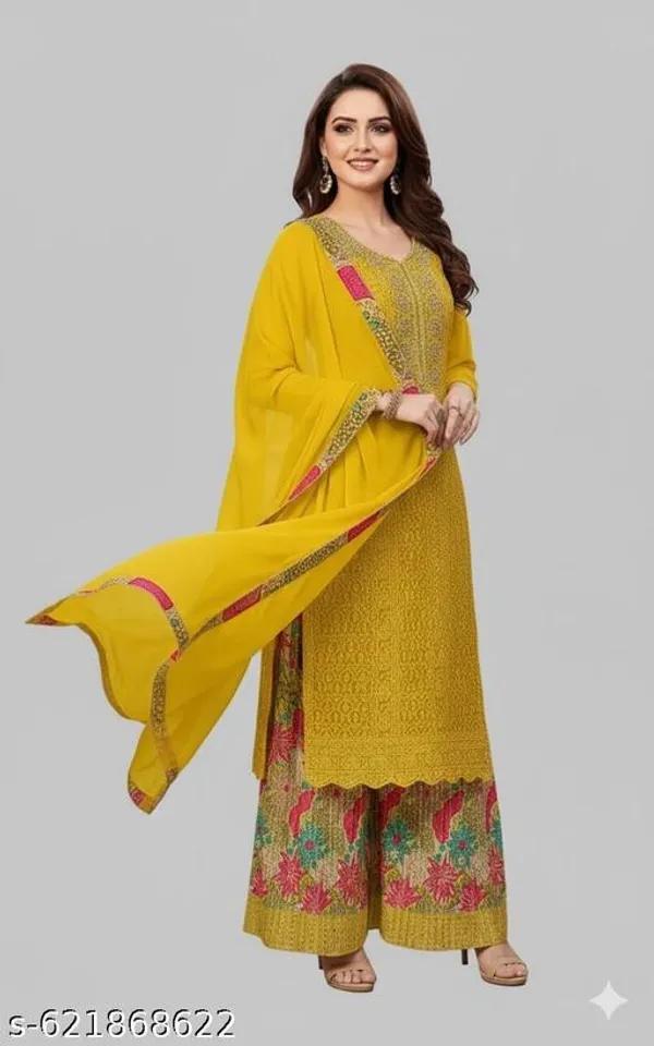 Yellow_Chinon_Fabric_Unstitched_Suit_With_Stitched_Chinon_Fabric_Garara_And_Chinon_Dupatta_For_Women