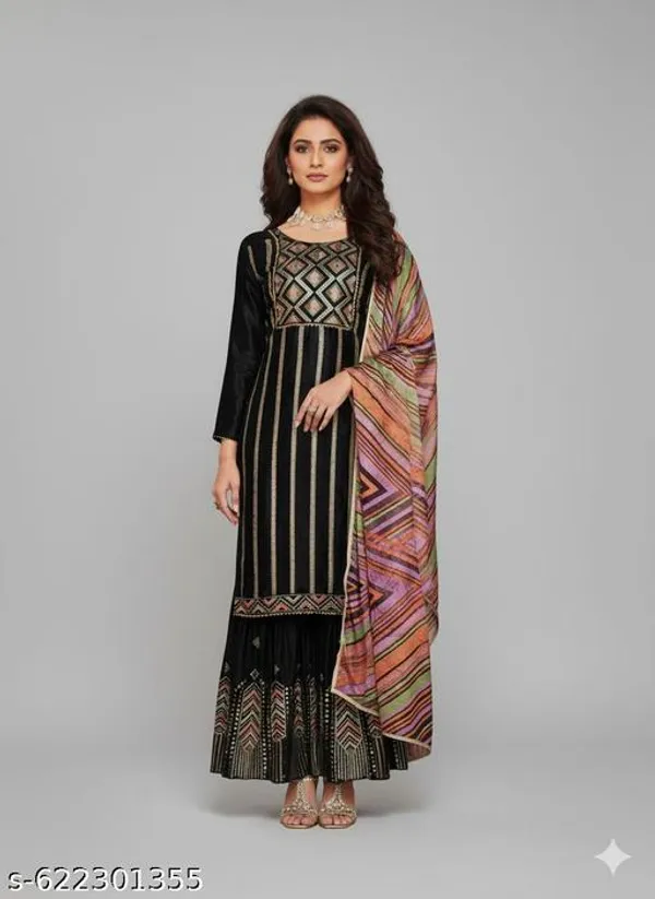 Black_Chinon_Fabric_Unstitched_Suit_With_Stitched_Chinon_Gharara_And_Chinon_Dupatta_For_Women