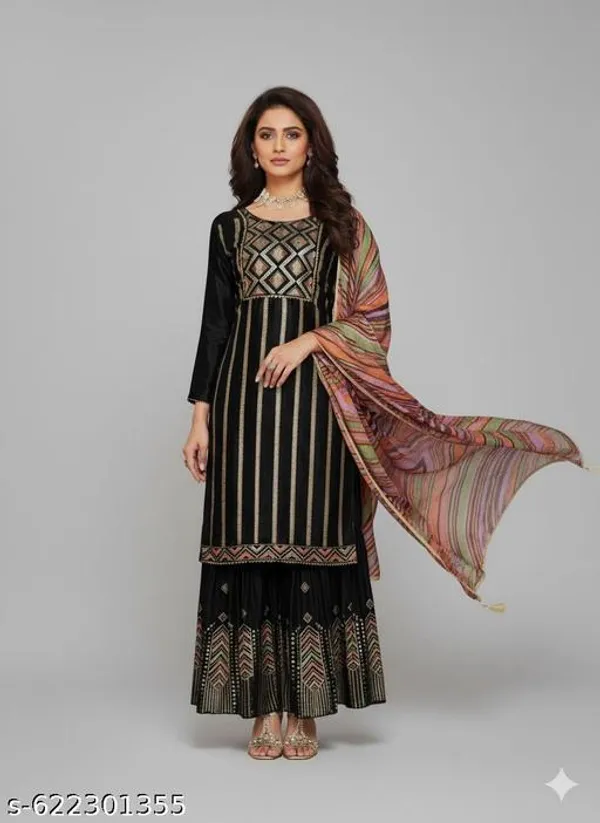 Black_Chinon_Fabric_Unstitched_Suit_With_Stitched_Chinon_Gharara_And_Chinon_Dupatta_For_Women
