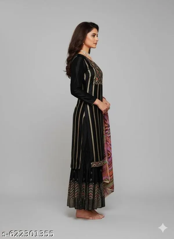 Black_Chinon_Fabric_Unstitched_Suit_With_Stitched_Chinon_Gharara_And_Chinon_Dupatta_For_Women