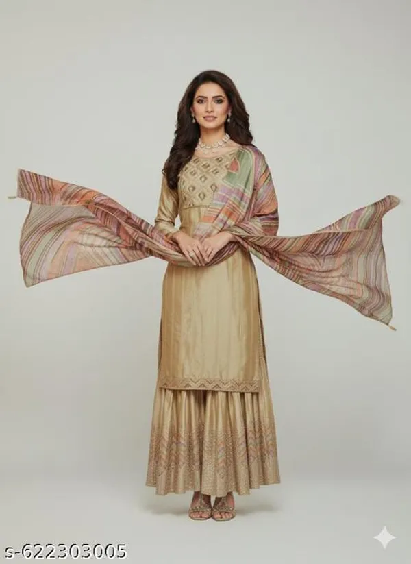 Khaki_Chinon_Fabric_Unstitched_Suit_With_Stitched_Chinon_Gharara_And_Chinon_Dupatta_For_Women