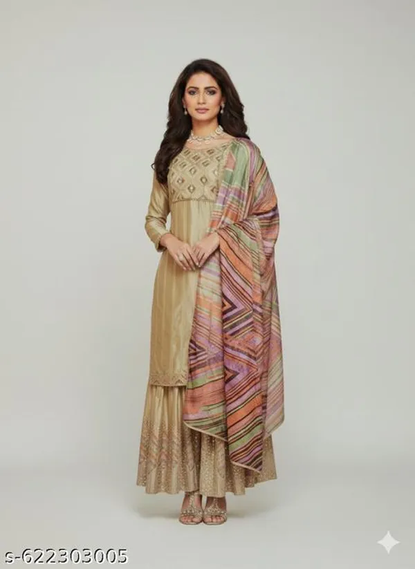Khaki_Chinon_Fabric_Unstitched_Suit_With_Stitched_Chinon_Gharara_And_Chinon_Dupatta_For_Women