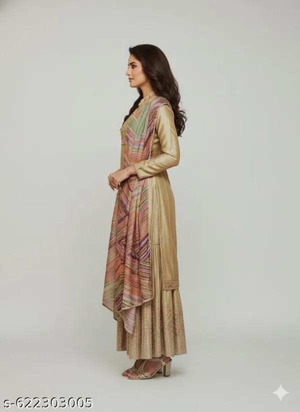 Khaki_Chinon_Fabric_Unstitched_Suit_With_Stitched_Chinon_Gharara_And_Chinon_Dupatta_For_Women