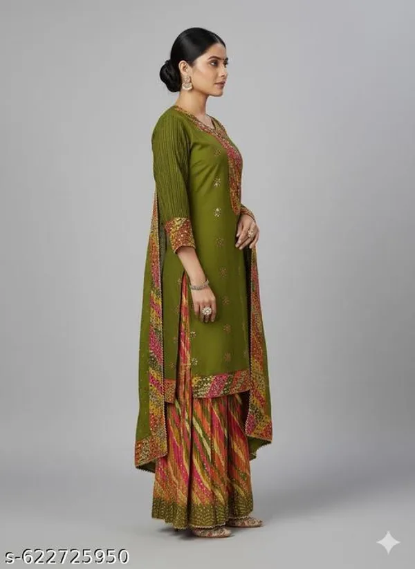 Green_Chinon_Fabric_Unstitched_Suit_With_Stitched_Chinon_Gharara_And_Chinon_Dupatta_For_Women