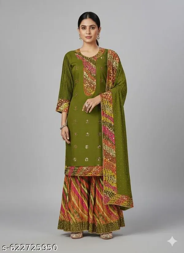 Green_Chinon_Fabric_Unstitched_Suit_With_Stitched_Chinon_Gharara_And_Chinon_Dupatta_For_Women