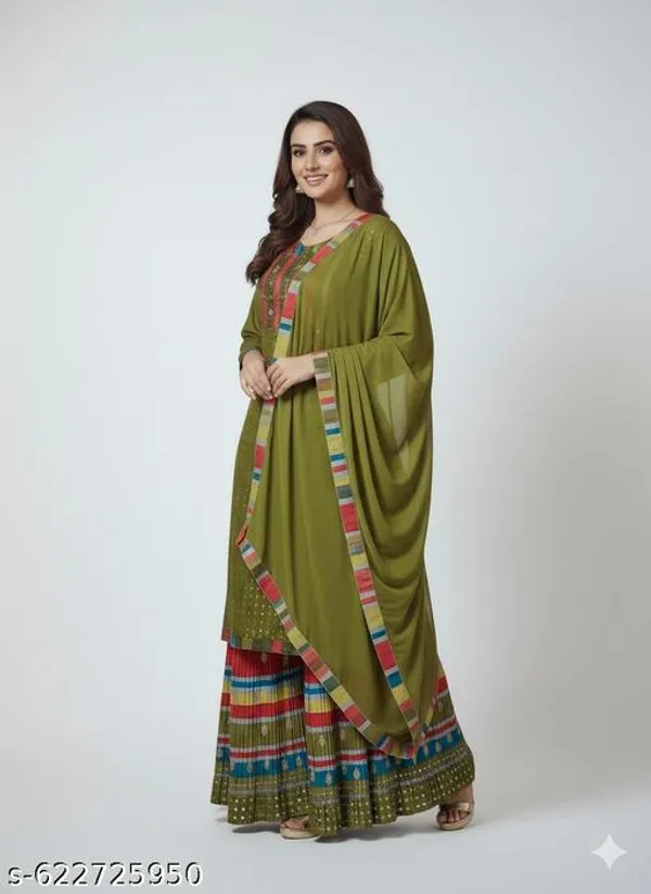 Green_Chinon_Fabric_Unstitched_Suit_With_Stitched_Chinon_Gharara_And_Chinon_Dupatta_For_Women