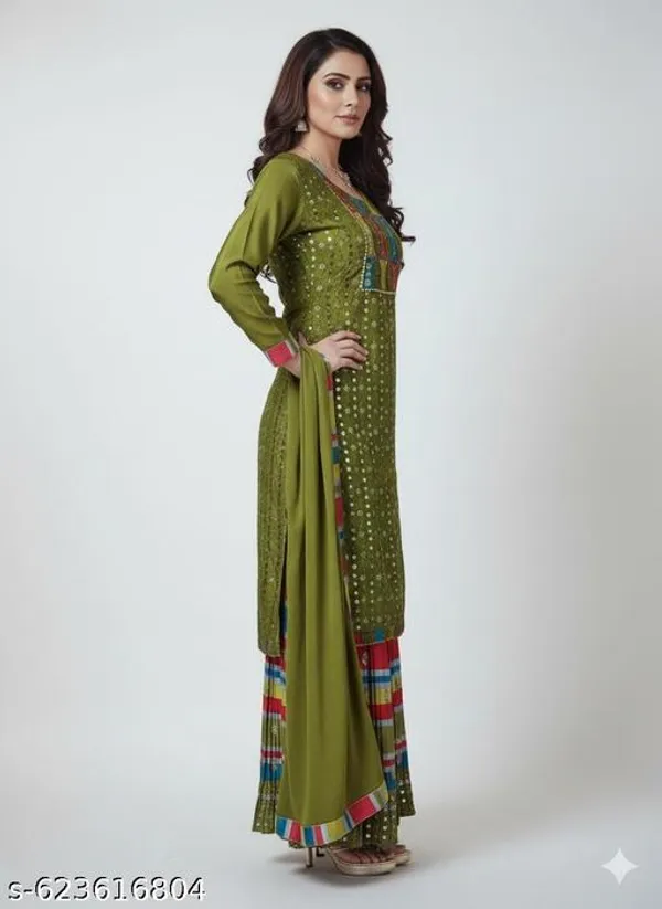 Green_Chinon_Fabric_Unstitched_Suit_With_Chinon_Fabric_Stitched_Sharara_And_Chinon_Fabric_Dupatta_For_Women