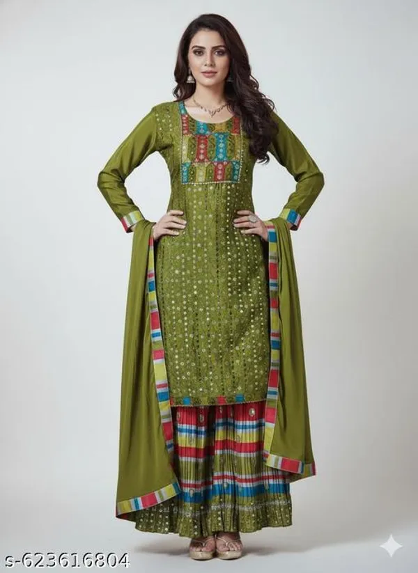 Green_Chinon_Fabric_Unstitched_Suit_With_Chinon_Fabric_Stitched_Sharara_And_Chinon_Fabric_Dupatta_For_Women