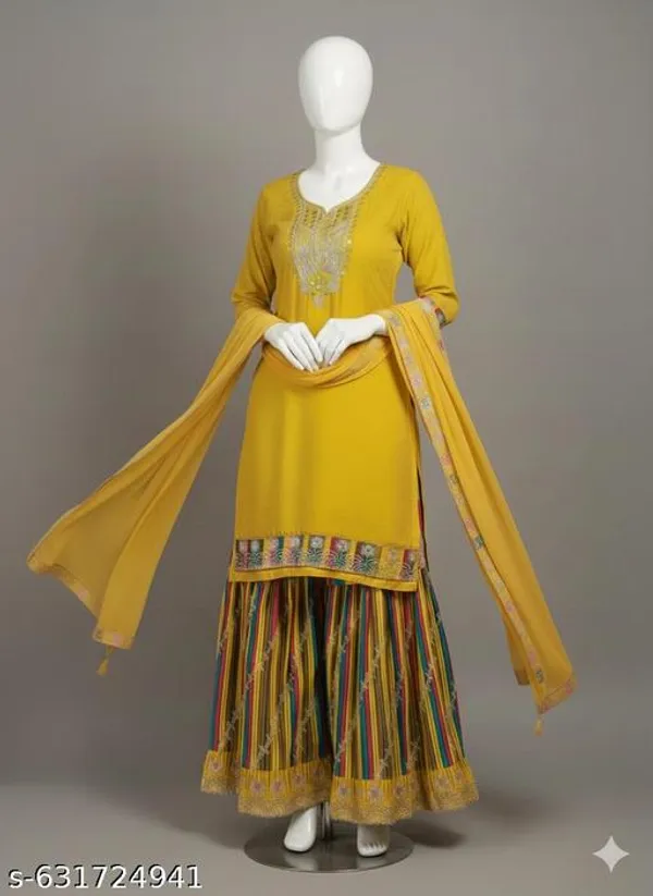 Yellow_Chinon_Fabric_Unstitched_Suit_With_Stitched_Chinon_Gharara_And_Chinon_Dupatta_For_Women