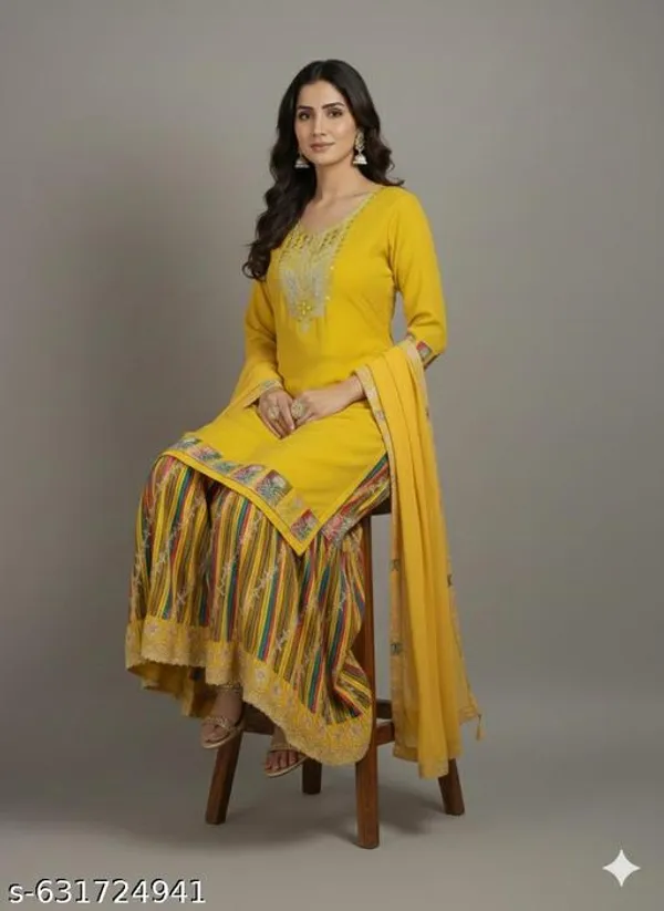 Yellow_Chinon_Fabric_Unstitched_Suit_With_Stitched_Chinon_Gharara_And_Chinon_Dupatta_For_Women