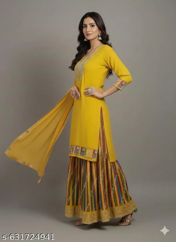 Yellow_Chinon_Fabric_Unstitched_Suit_With_Stitched_Chinon_Gharara_And_Chinon_Dupatta_For_Women