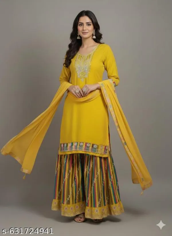 Yellow_Chinon_Fabric_Unstitched_Suit_With_Stitched_Chinon_Gharara_And_Chinon_Dupatta_For_Women