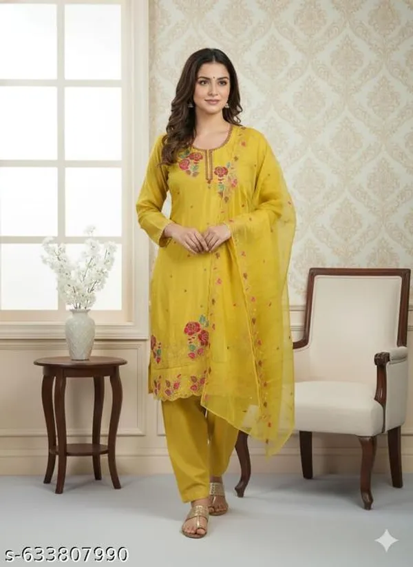 Yellow_Fabric_Unstitched_Suit_With_Chiffon_Dupatta_And_Rayon_Unstitched_Bottom_For_Women