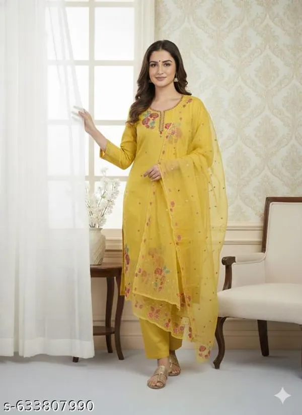 Yellow_Fabric_Unstitched_Suit_With_Chiffon_Dupatta_And_Rayon_Unstitched_Bottom_For_Women