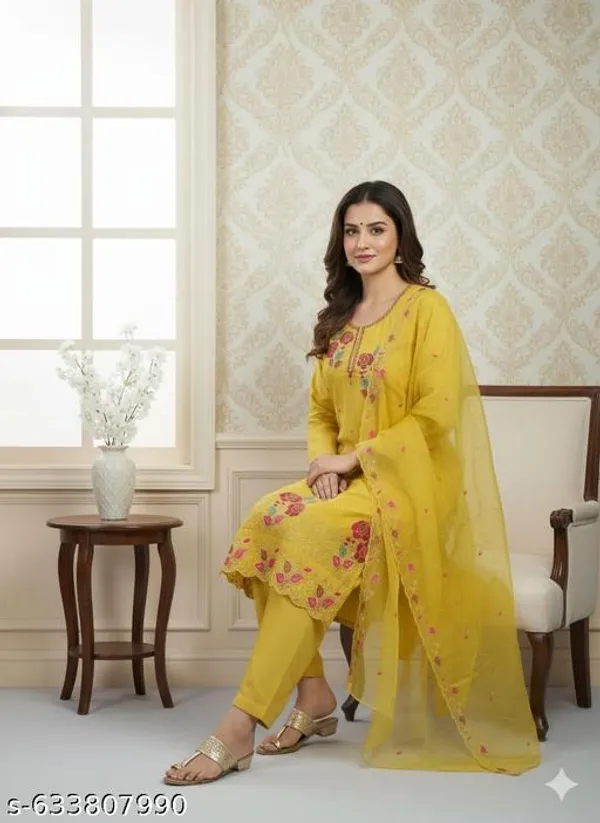 Yellow_Fabric_Unstitched_Suit_With_Chiffon_Dupatta_And_Rayon_Unstitched_Bottom_For_Women