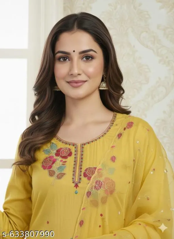 Yellow_Fabric_Unstitched_Suit_With_Chiffon_Dupatta_And_Rayon_Unstitched_Bottom_For_Women
