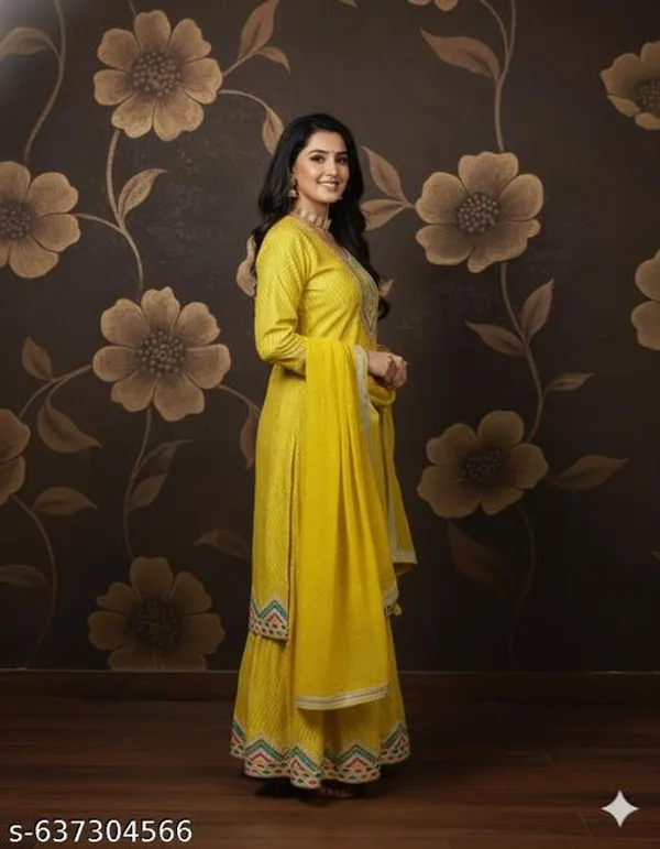 Yellow_Chinon_Fabric_Unstitched_Suit_With_Stitched_Chinon_Gharara_And_Chinon_Dupatta_For_Women