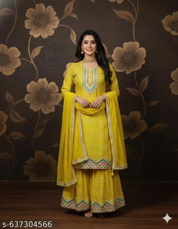Yellow_Chinon_Fabric_Unstitched_Suit_With_Stitched_Chinon_Gharara_And_Chinon_Dupatta_For_Women