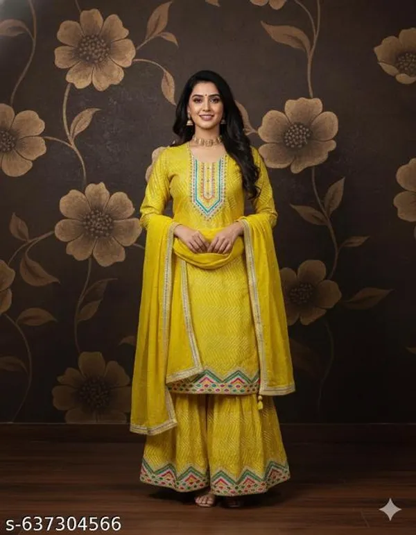 Yellow_Chinon_Fabric_Unstitched_Suit_With_Stitched_Chinon_Gharara_And_Chinon_Dupatta_For_Women