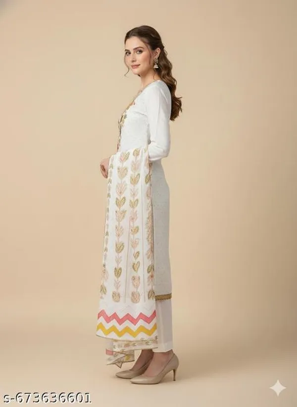 White_Roman_Fabric_Unstitched_Suit_With_Net_Dupatta_And_Rayon_Bottom_For_Women