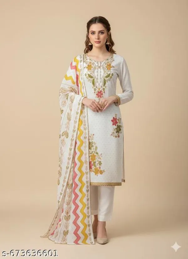 White_Roman_Fabric_Unstitched_Suit_With_Net_Dupatta_And_Rayon_Bottom_For_Women
