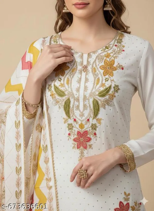 White_Roman_Fabric_Unstitched_Suit_With_Net_Dupatta_And_Rayon_Bottom_For_Women