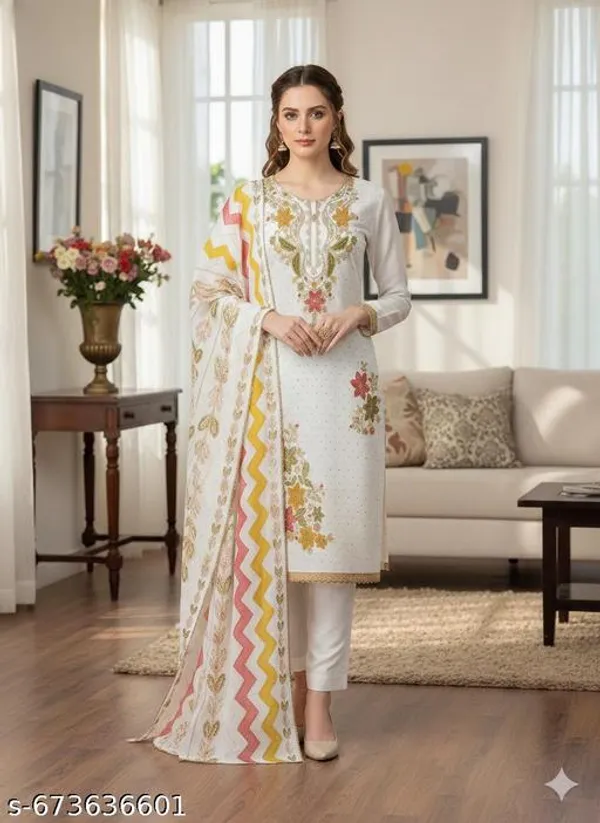 White_Roman_Fabric_Unstitched_Suit_With_Net_Dupatta_And_Rayon_Bottom_For_Women