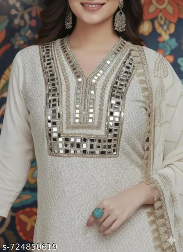 White_Shimmer_Jacquard_Fabric_Unstitched_Suit_With_Net_Dupatta_And_Rayon_Unstitched_Bottom_For_Women