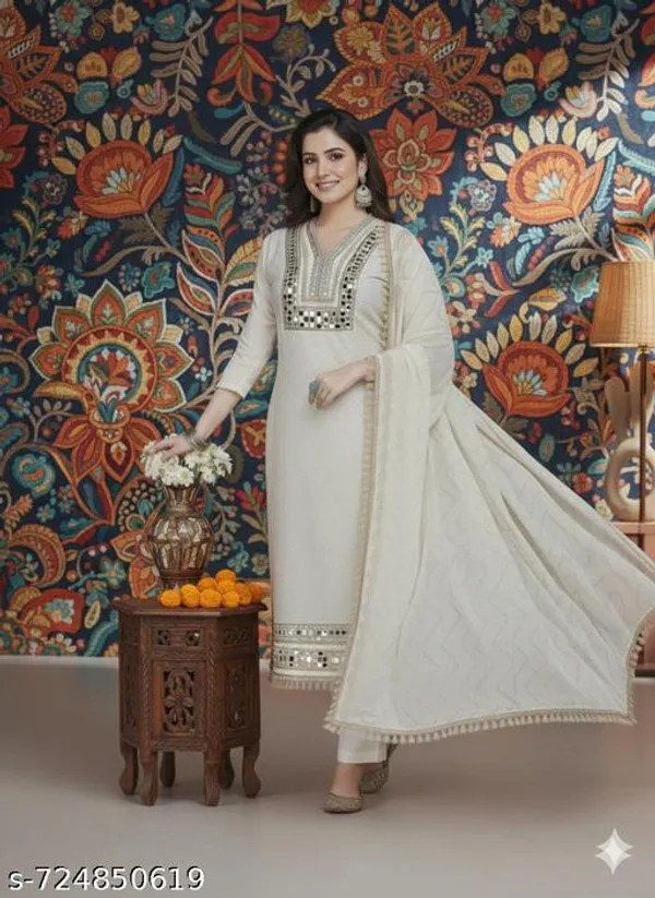 White_Shimmer_Jacquard_Fabric_Unstitched_Suit_With_Net_Dupatta_And_Rayon_Unstitched_Bottom_For_Women