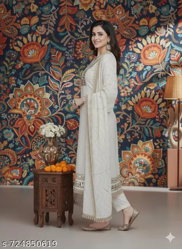 White_Shimmer_Jacquard_Fabric_Unstitched_Suit_With_Net_Dupatta_And_Rayon_Unstitched_Bottom_For_Women