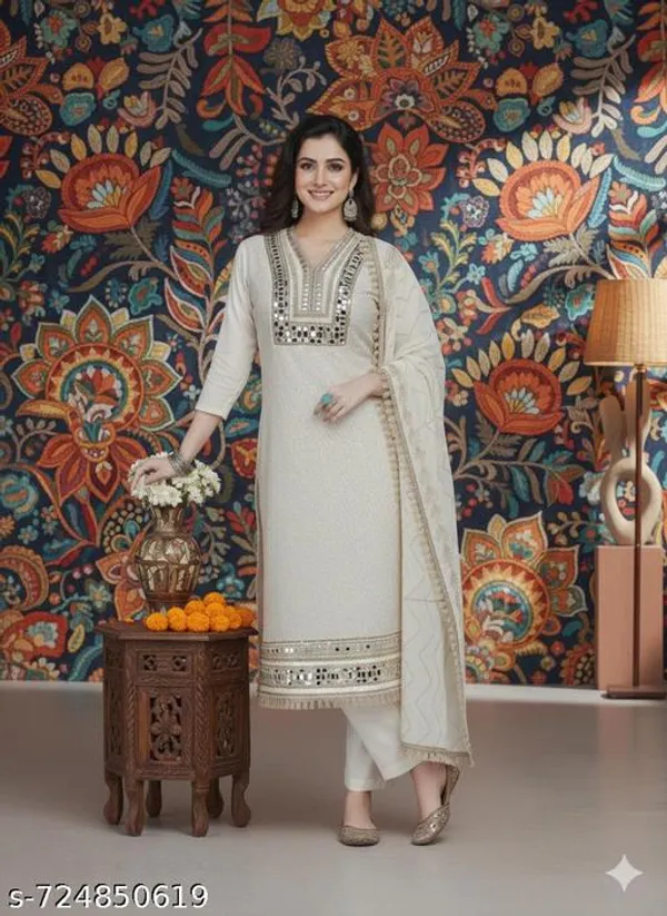White_Shimmer_Jacquard_Fabric_Unstitched_Suit_With_Net_Dupatta_And_Rayon_Unstitched_Bottom_For_Women
