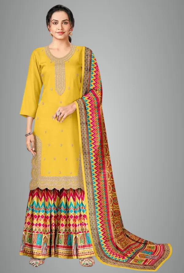 Yellow_Chinon_Fabrics_Unstitched_Suit_With_Stitched_Chinon_Gharara_And_Chinon_Dupatta_For_Women