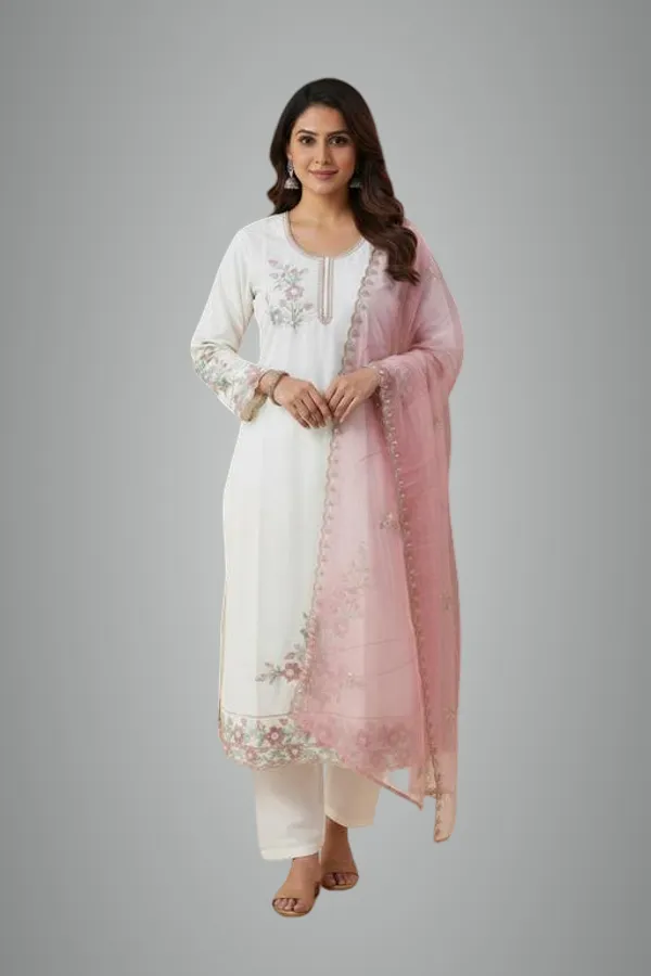 White_Muslin_Fabric_Unstitched_Suit_With_Organza_Dupatta_And_Rayon_Bottom_For_Women