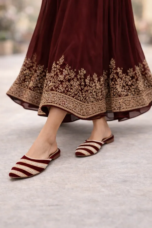 Maroon_Black_&_Gold_Pearl_Embellished_Party_Mules_For_Women