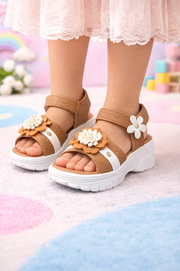 Tan_Casual_Floral_Wedge_Sandals_For_Kids_And_Girls