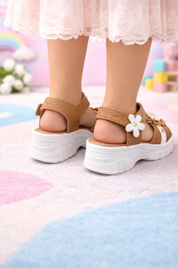 Tan_Casual_Floral_Wedge_Sandals_For_Kids_And_Girls