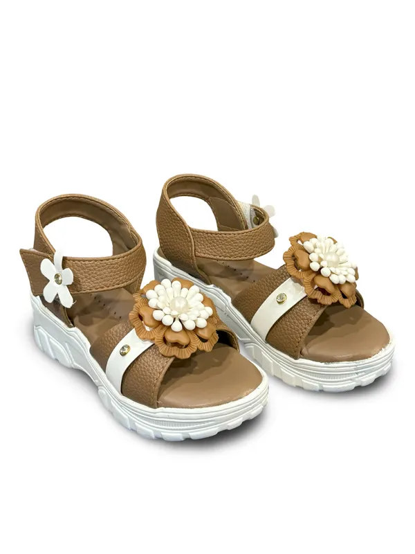 Tan_Casual_Floral_Wedge_Sandals_For_Kids_And_Girls