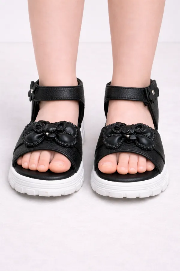 Black_Casual_Floral_Wedge_Sandals_For_Kids_And_Girls