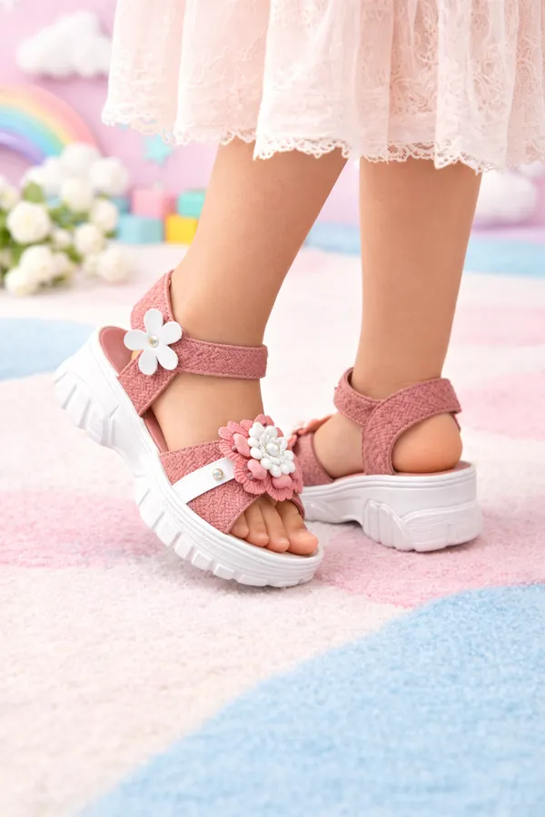 Pink_Casual_Floral_Wedge_Sandals_For_Kids_And_Girls