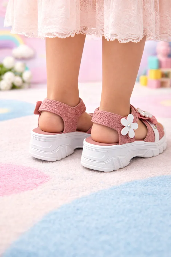 Pink_Casual_Floral_Wedge_Sandals_For_Kids_And_Girls