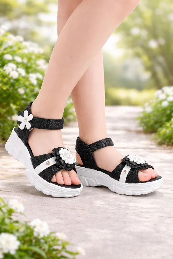 Black_Casual_Floral_Wedge_Sandals_For_Kids_And_Girls