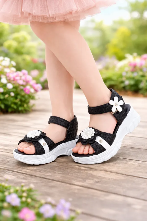 Black_Casual_Floral_Wedge_Sandals_For_Kids_And_Girls