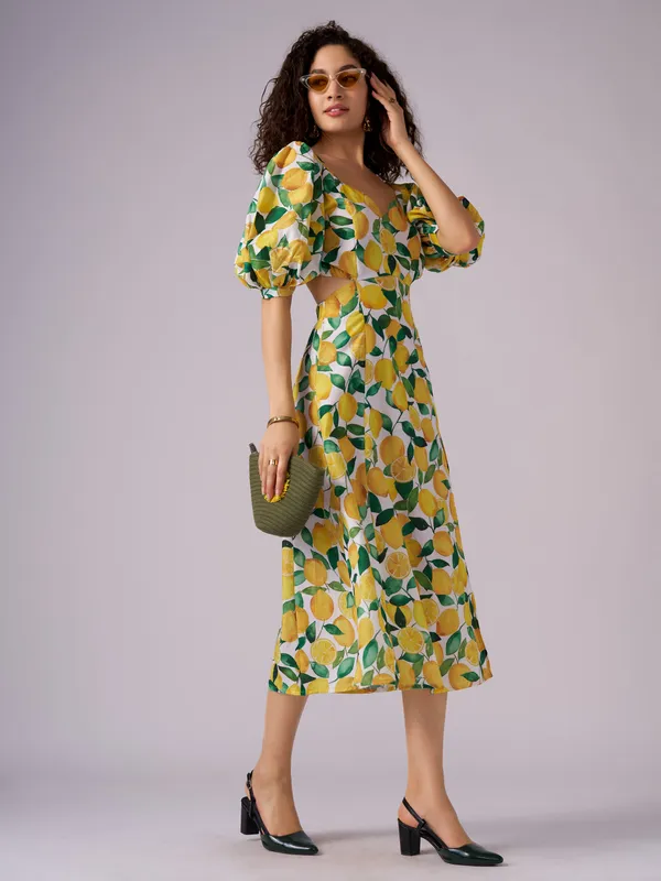 Lemon_Tropical_Print_Puff_Sleeve_A-Line_Midi_Dress_For_Women