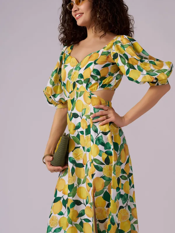 Lemon_Tropical_Print_Puff_Sleeve_A-Line_Midi_Dress_For_Women