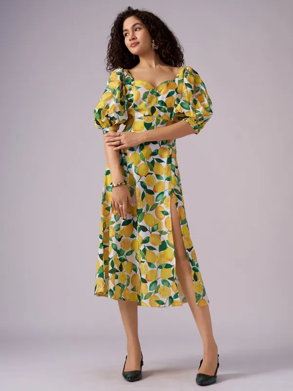 Lemon_Tropical_Print_Puff_Sleeve_A-Line_Midi_Dress_For_Women