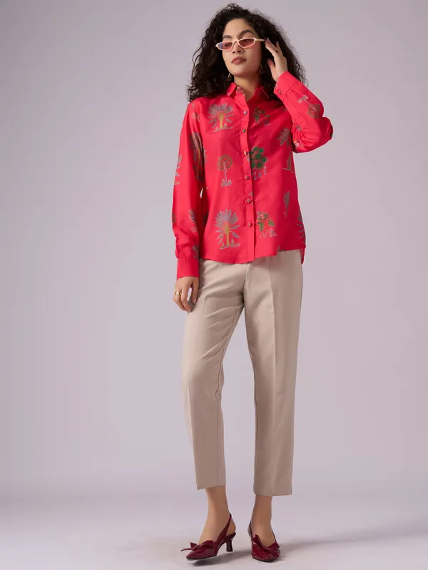 Light_Red_Tree_Print_Cotton_Blend_Shirt_For_Women