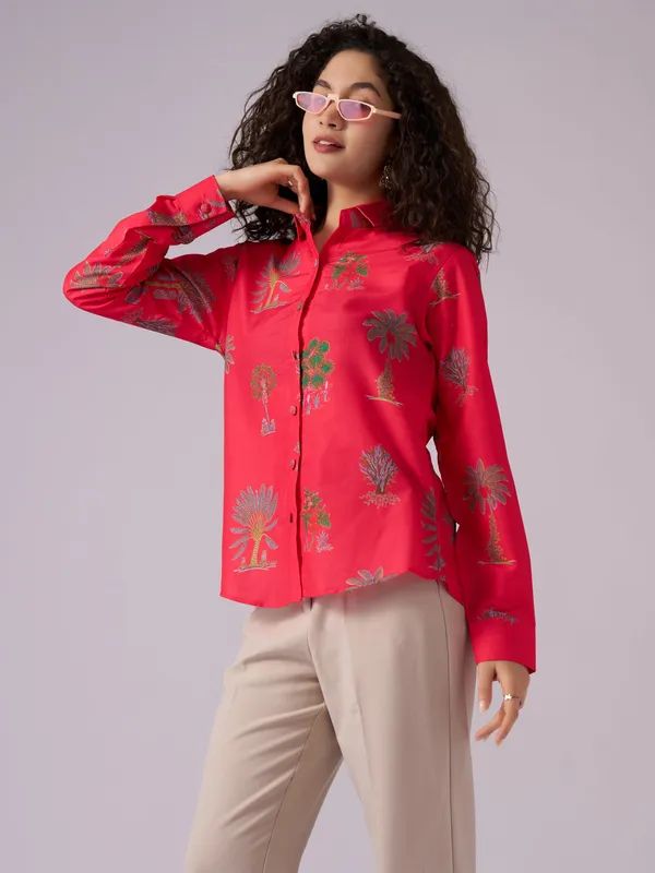 Light_Red_Tree_Print_Cotton_Blend_Shirt_For_Women